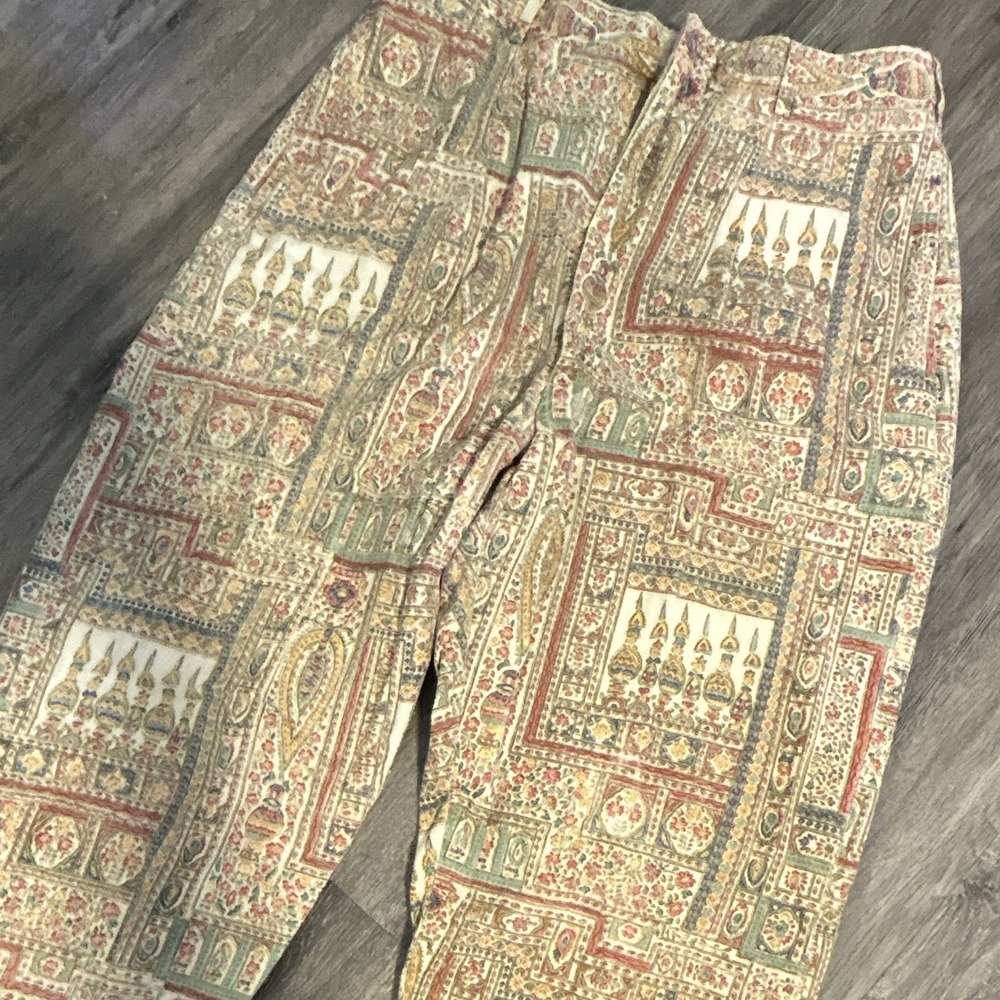 Handmade Linen Paisley Pants Womens 26x27 Boho Granola Girl Tapered Vtg Natural